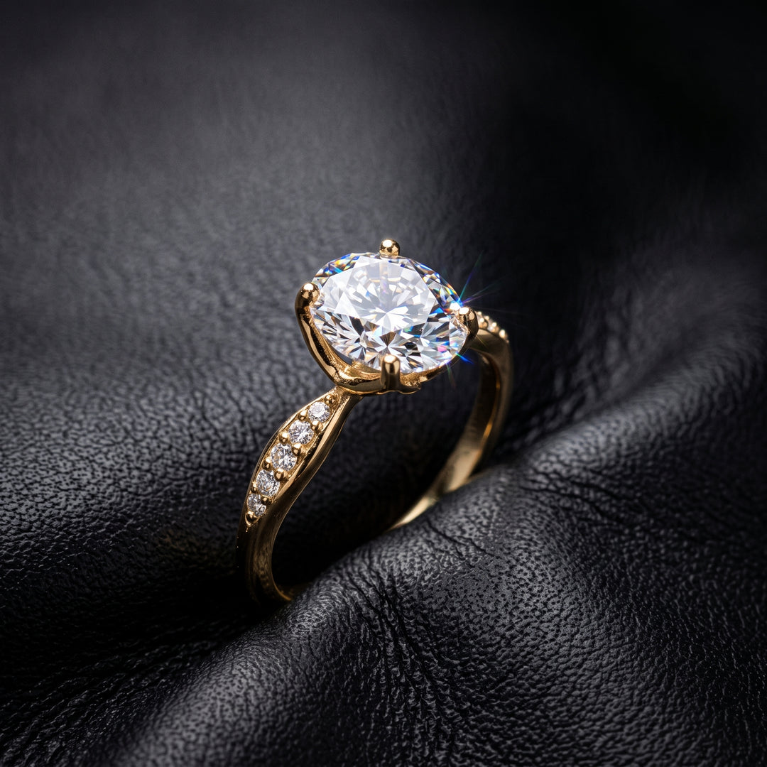 1.67CT round moissanite engagement ring with pave moissanite accents, set in 14K gold.