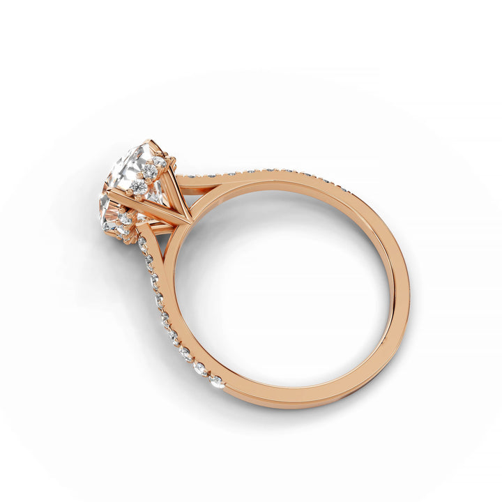Oval diamond ring, hidden halo, cathedral pavé band, rose gold.