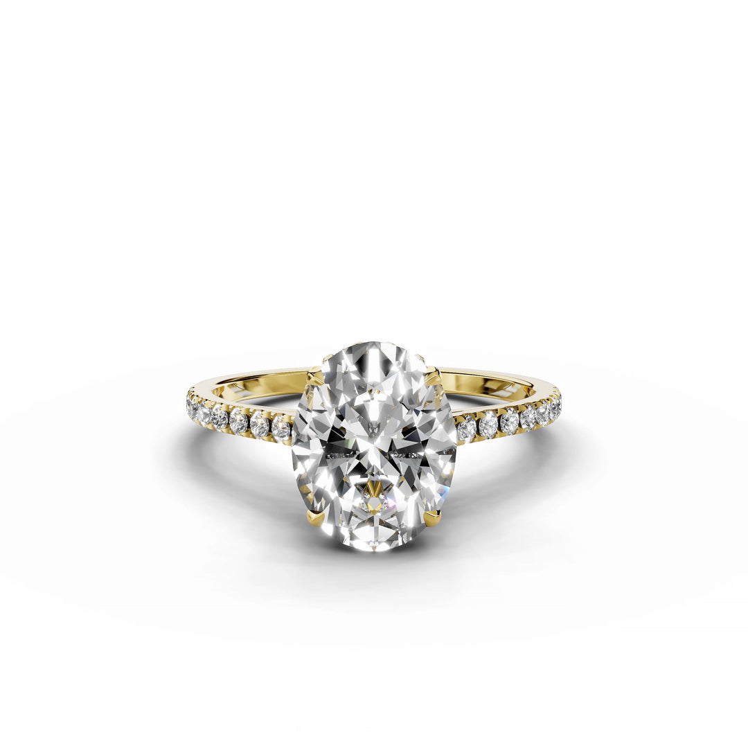 Oval diamond ring, cathedral pavé style, yellow gold.