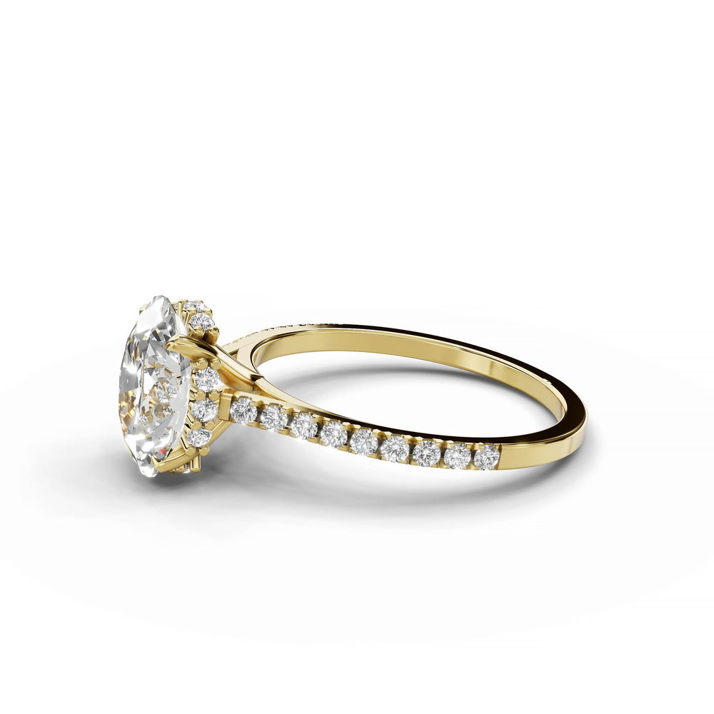 Oval diamond ring, cathedral pavé style, yellow gold.
