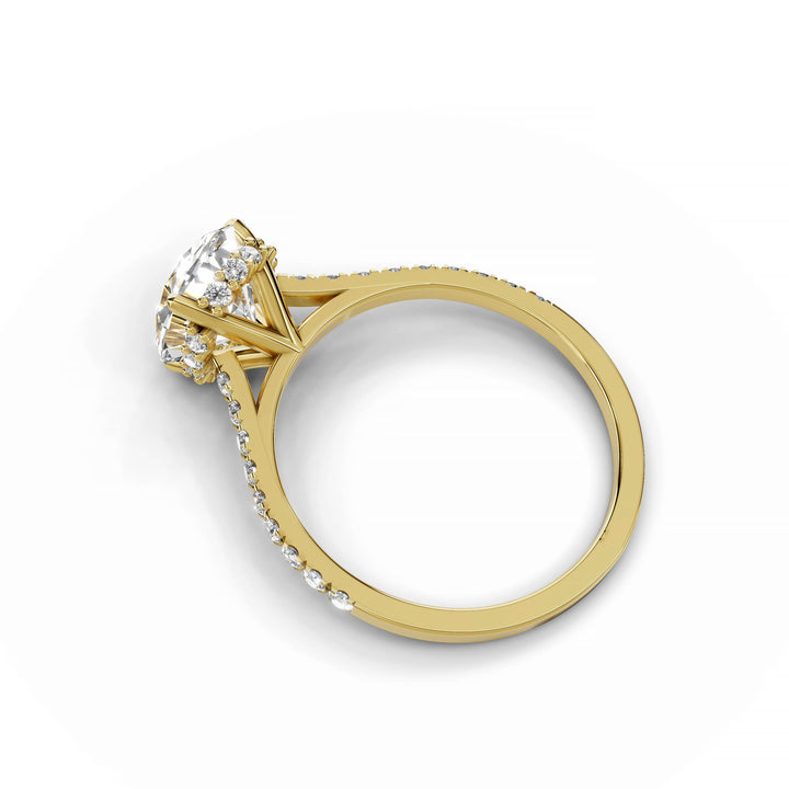 Oval diamond ring, cathedral pavé style, yellow gold.