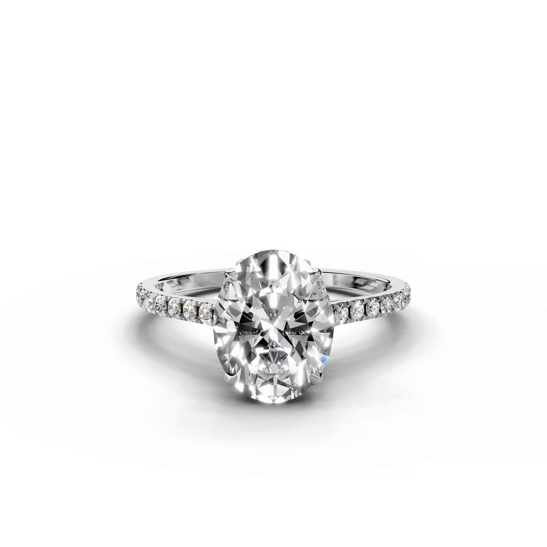 Oval diamond ring, hidden halo, cathedral pavé band, white gold