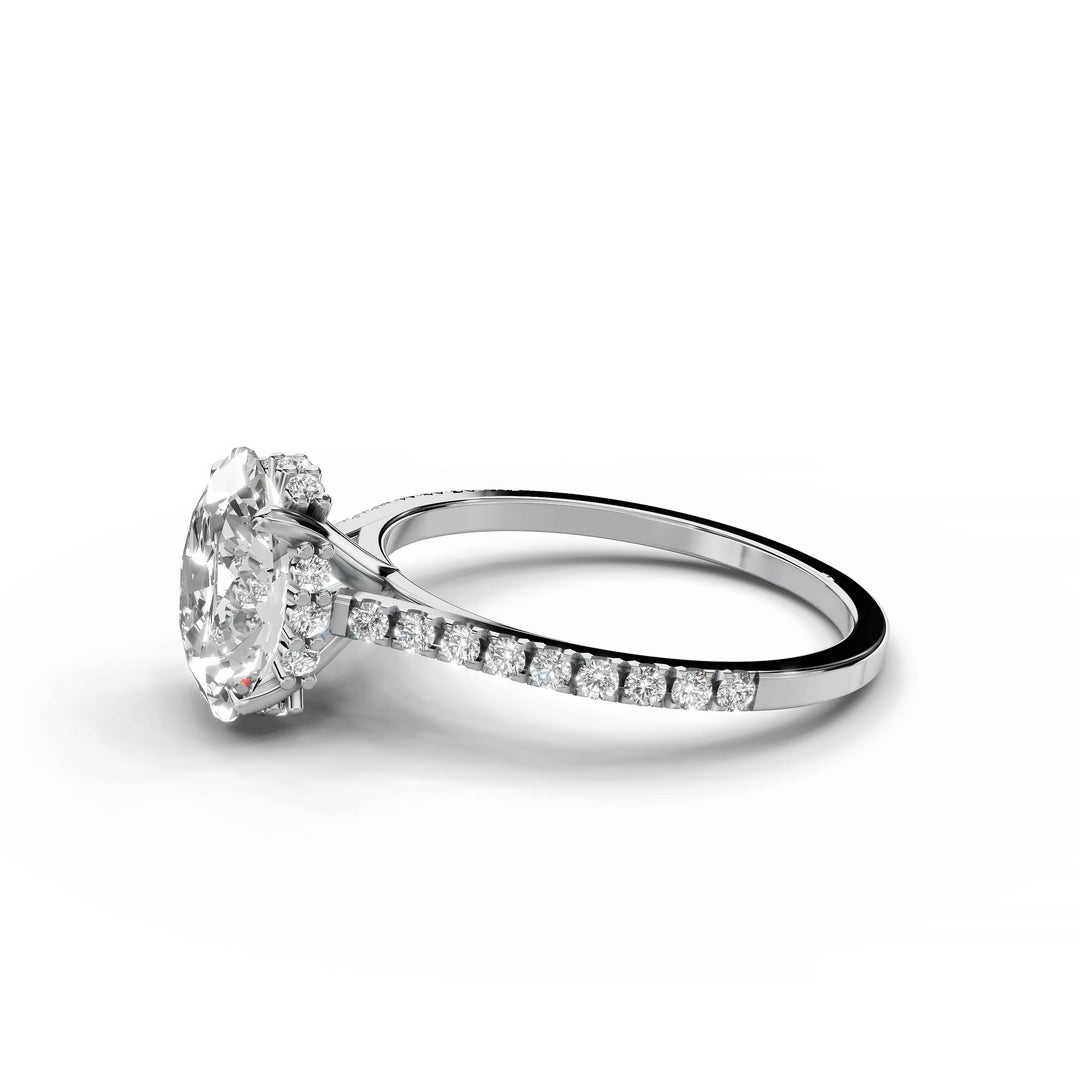 Oval diamond ring, hidden halo, cathedral pavé band, white gold