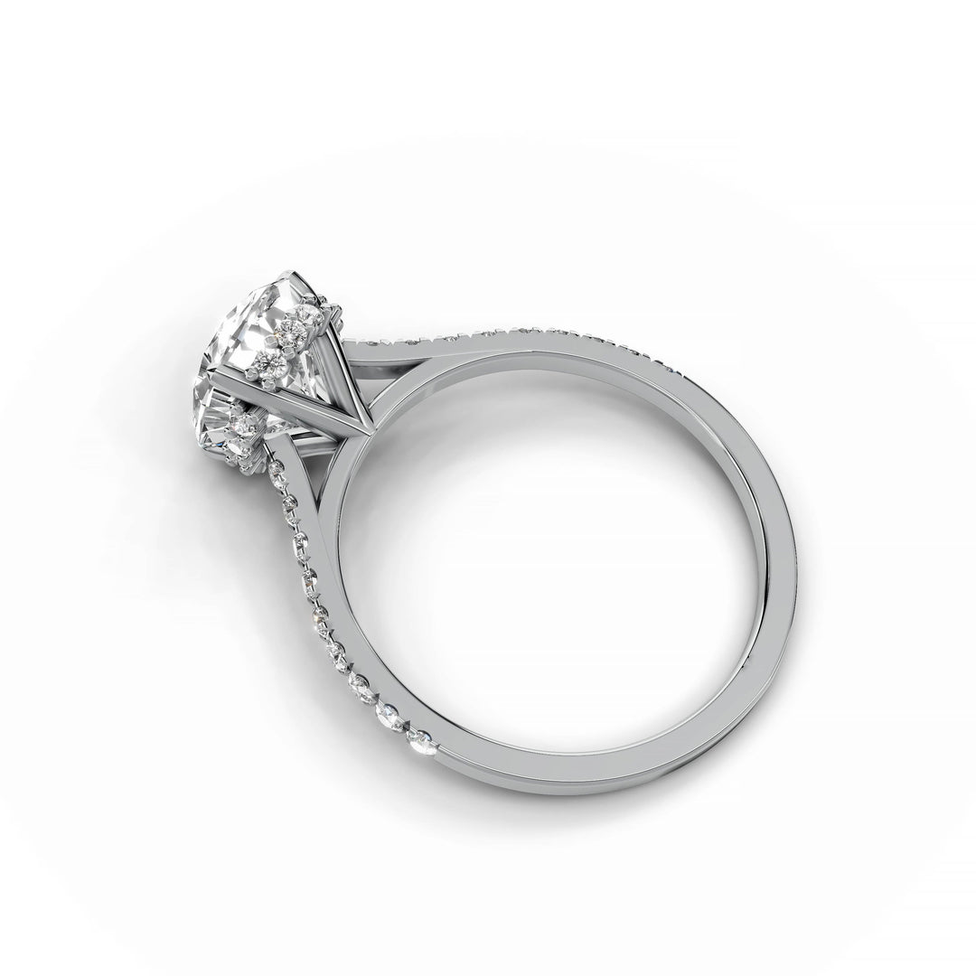 Oval diamond ring, hidden halo, cathedral pavé band, white gold
