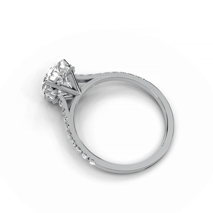 Oval diamond ring, hidden halo, cathedral pavé band, white gold