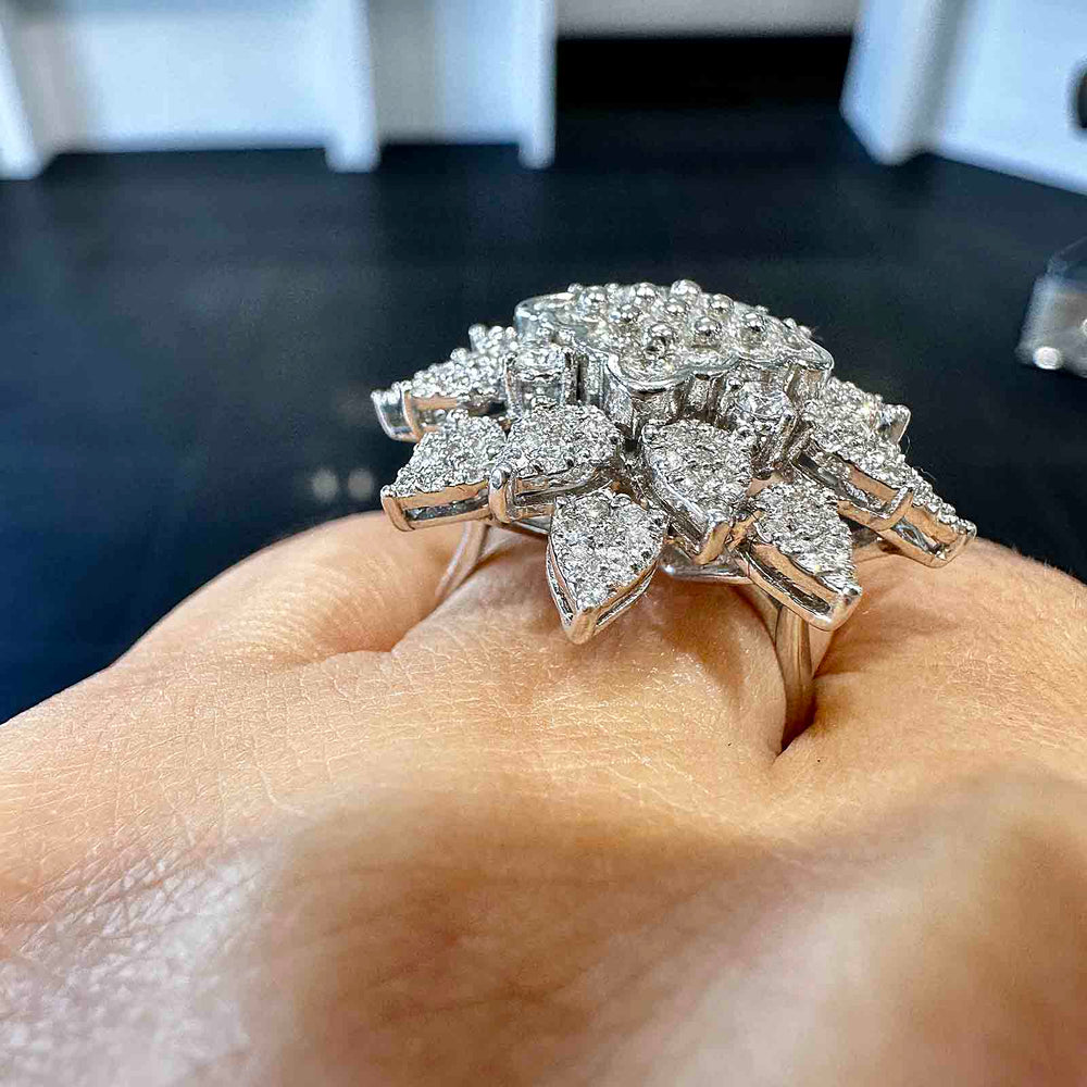 Unique diamond cluster ring with 148 natural diamonds in 18K white gold
