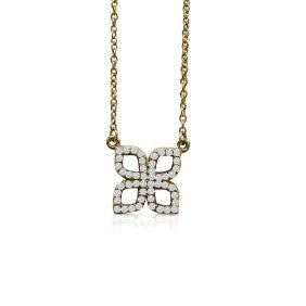 14K yellow gold floral necklace with 0.20 CTW diamonds, featuring a 9.1mm flower pendant and an 18-inch chain.