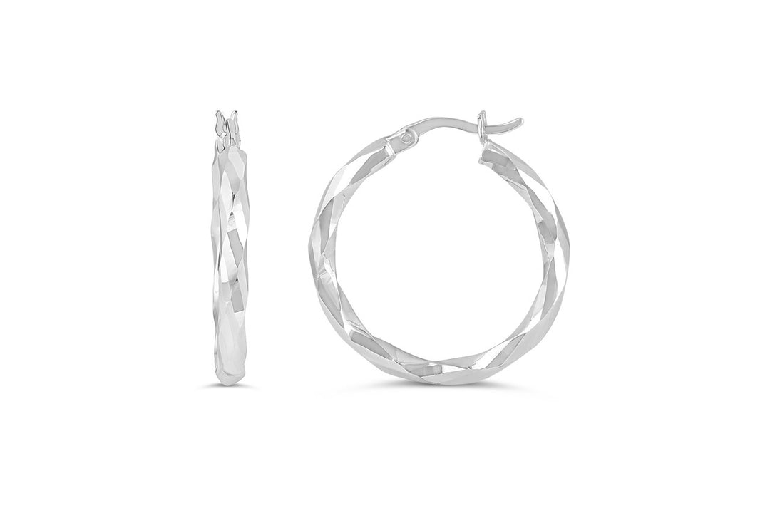 10K white gold diamond-cut twisted hoop earrings with latch-back closure.