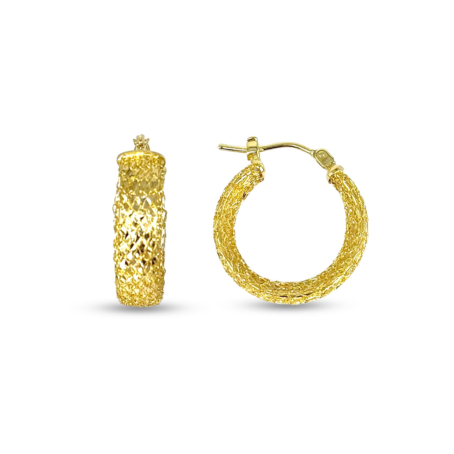 10K yellow gold textured hoop earrings with intricate design and latch-back closure.