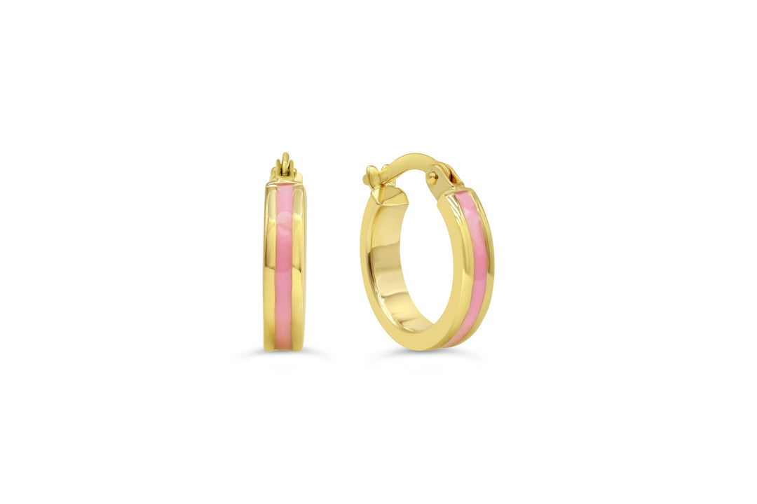 10k yellow gold huggie hoop earrings with pink enamel stripe and snap-back closure.