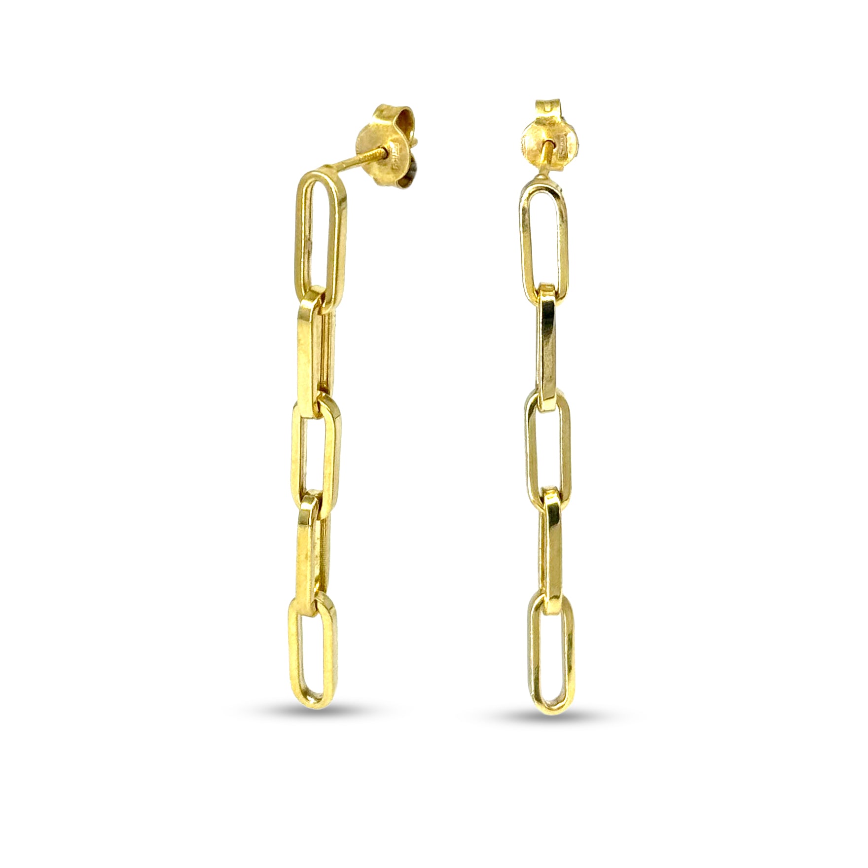 10K yellow gold chain-link drop earrings, 3mm wide and 25mm long, with a modern design and push-back closure.