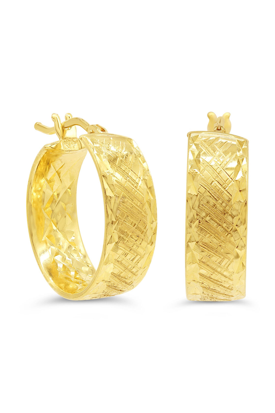 10K yellow gold wide textured hoop earrings, 10mm wide and 25mm long, with intricate design and secure latch-back closure.