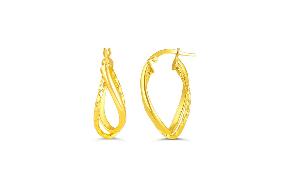 10k yellow gold twisted oval hoop earrings with polished and textured finishes.