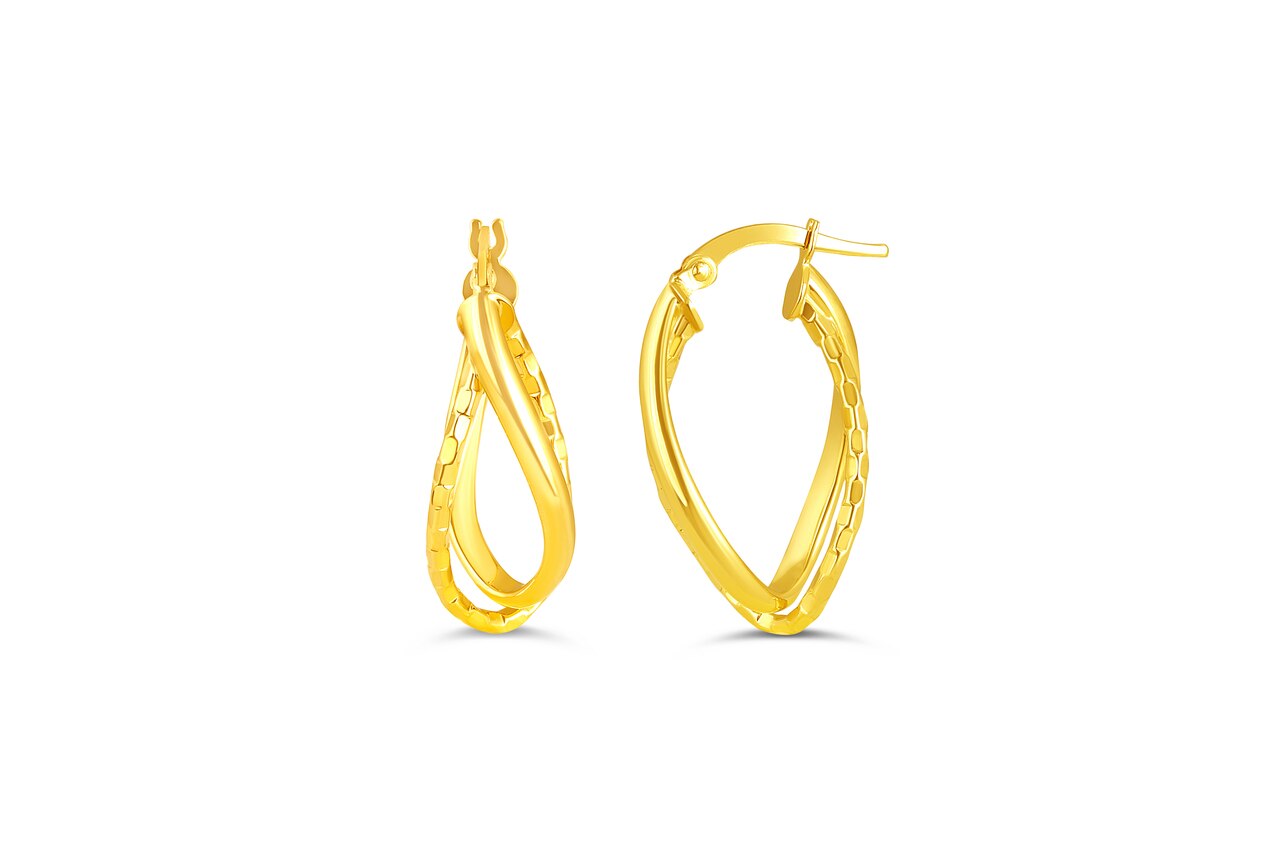 10k yellow gold twisted oval hoop earrings with polished and textured finishes.