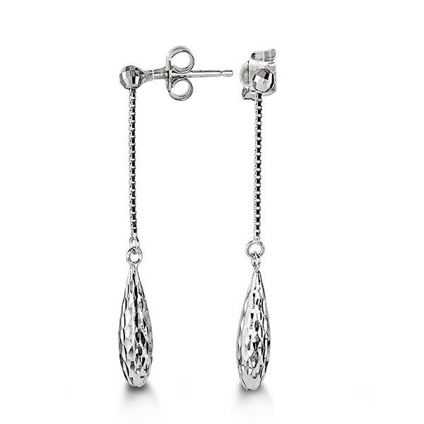 10k white gold dangle earrings with a hammered teardrop design and delicate chain.