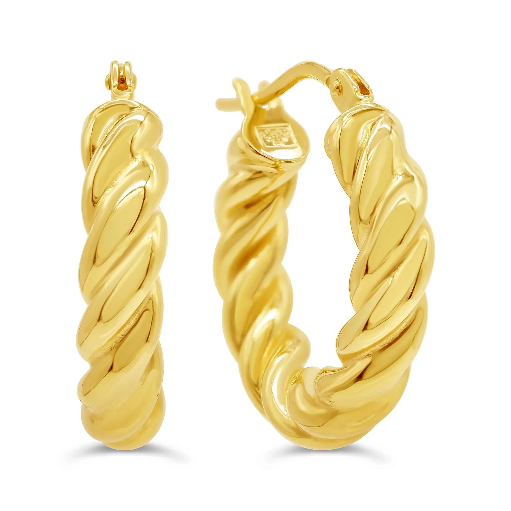 Luxurious 10K yellow gold hoop earrings with a unique twisted design, showcasing elegance and modern craftsmanship.