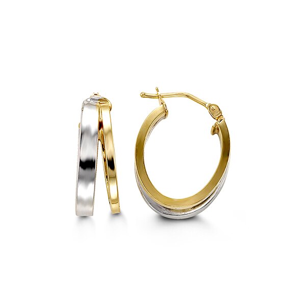 10k two-tone gold hoop earrings with crossover design, yellow and white gold, 20mm length, 6mm width.