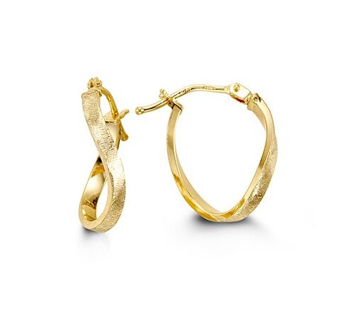 10k yellow gold twisted hoop earrings with a textured and polished finish, 18mm in length.