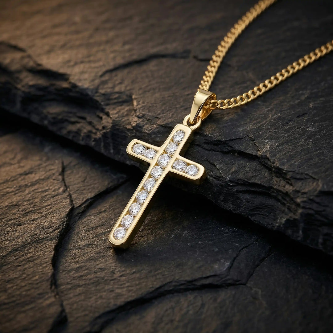 Minimal Latin Yellow Gold Cross Pendant on stone