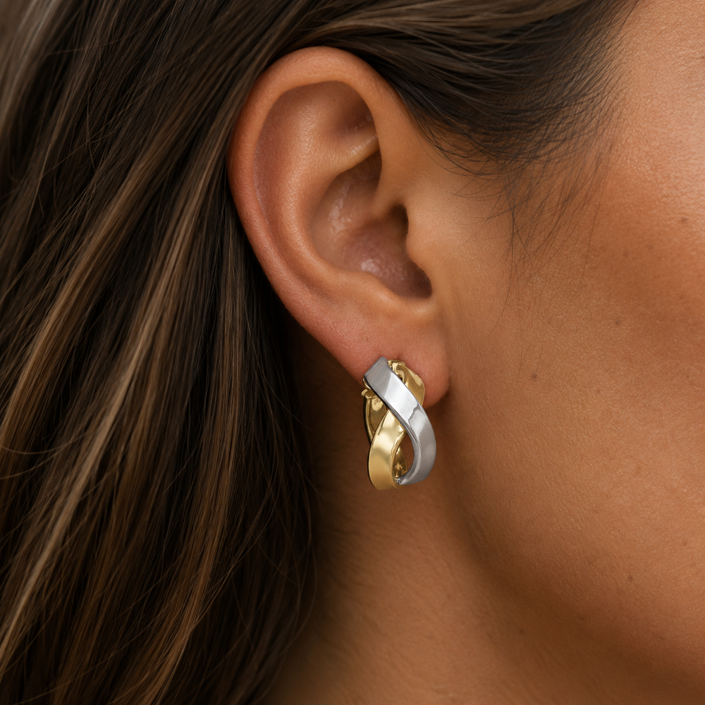 Two Tone Fancy Hoop Earrings, 18.6mm - worn on ear