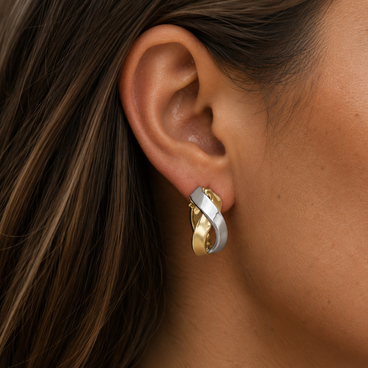 Two Tone Fancy Hoop Earrings, 18.6mm - worn on ear