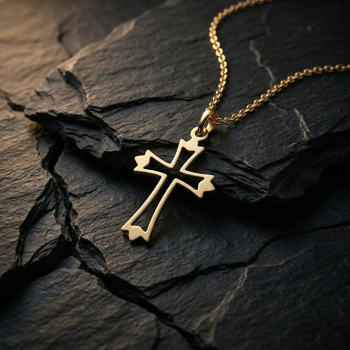 Openwork Fleury Yellow Gold Cross Pendant on stone