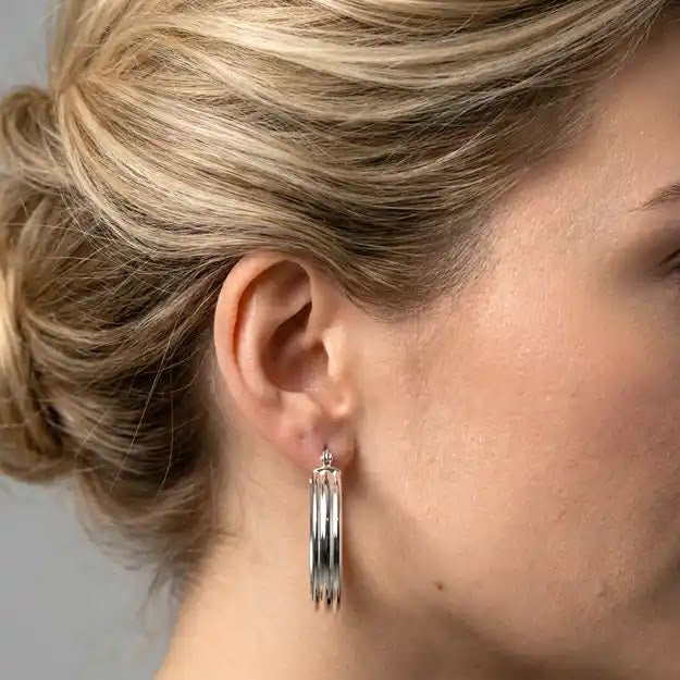 White Gold Oval Patterned Hoop Earrings, 13.4mm - worn on ear