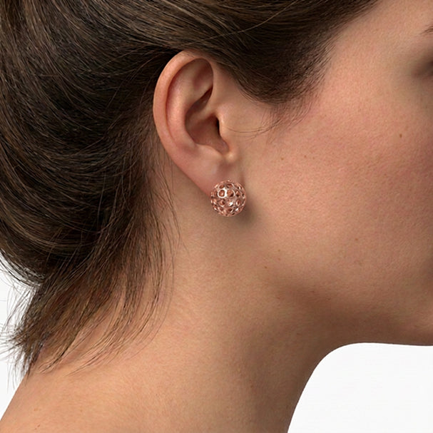 Pink Gold Filigri Ball Stud Earrings 1 - worn on ear