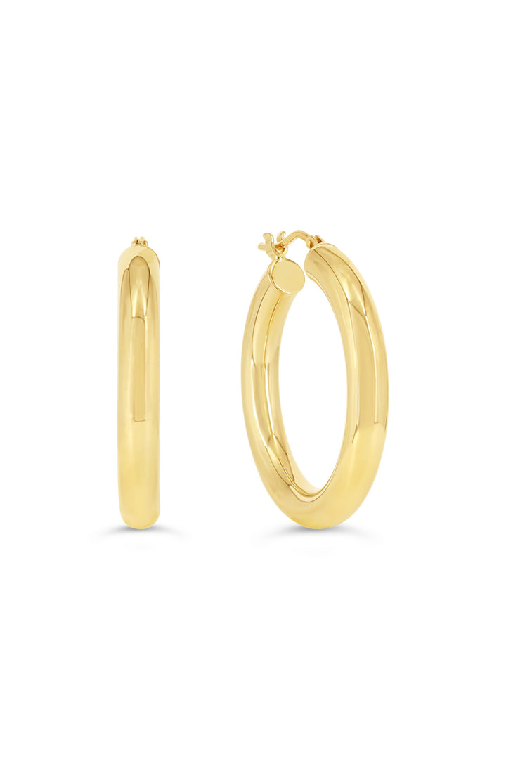 10K 4mm Round Tube Hoop Earrings, Large - 10k Yellow Gold