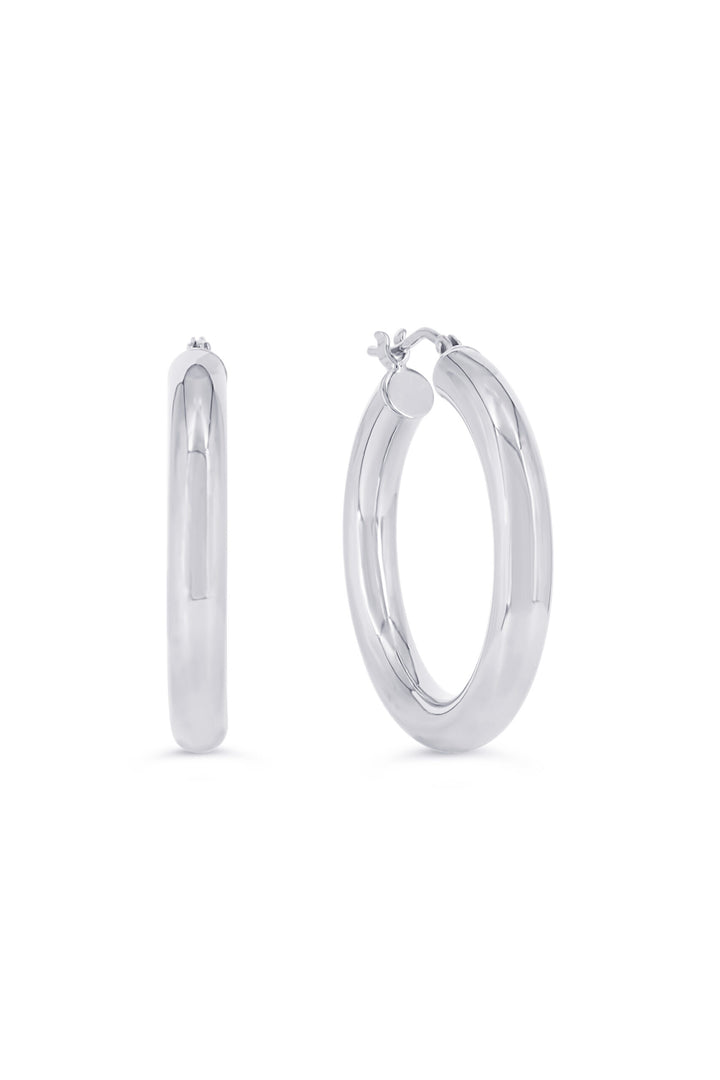 10K 4mm Round Tube Hoop Earrings, Large - 10k White Gold