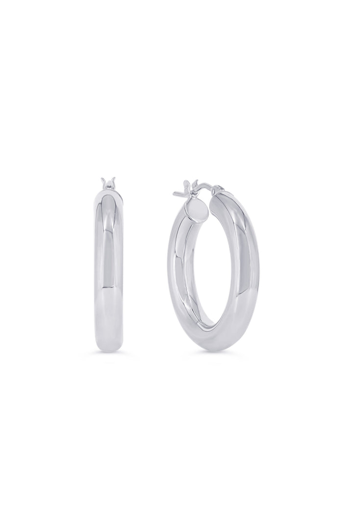 10K 4mm Round Tube Hoop Earrings, Medium - 10k White Gold