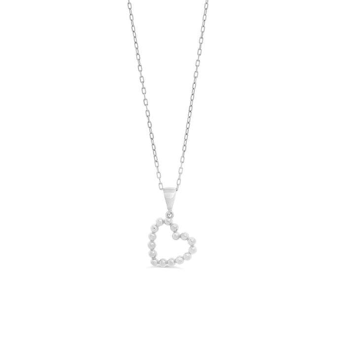 10K white gold necklace with an open heart made of polished beads