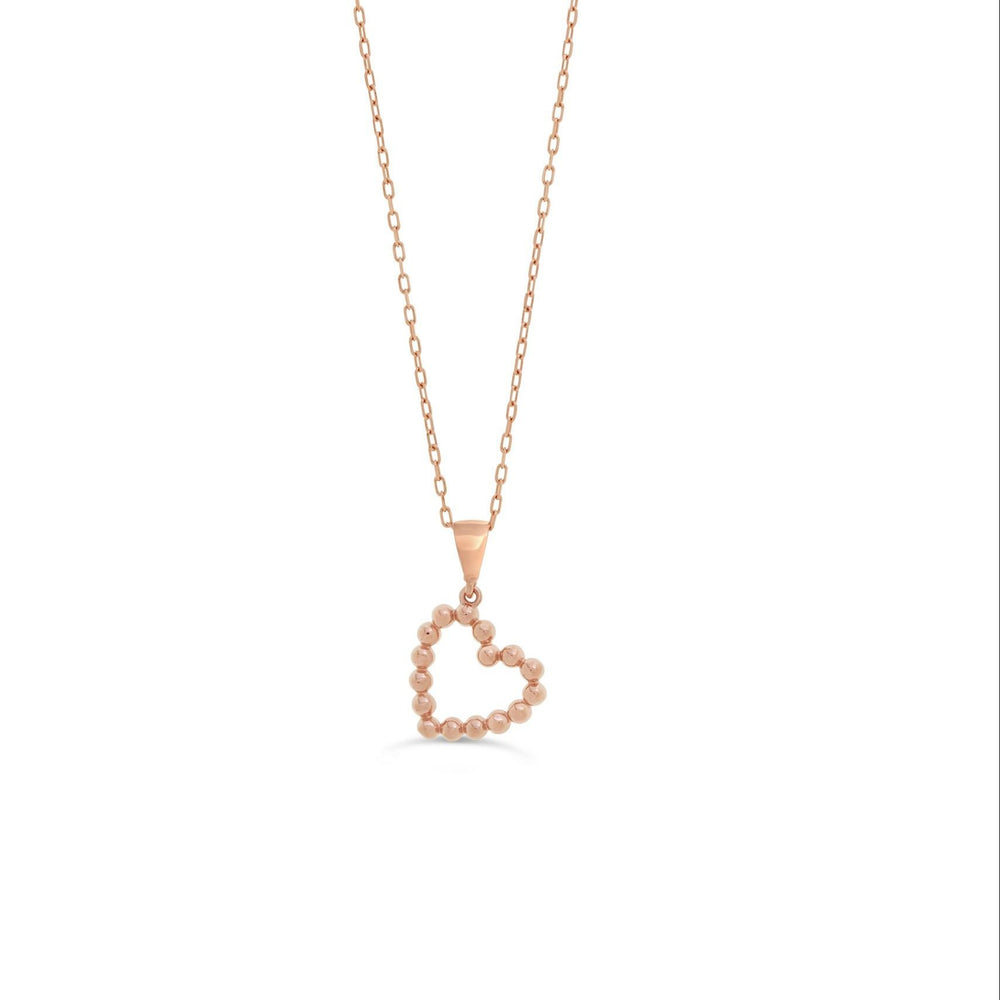 10K rose gold necklace with an open heart made of polished beads