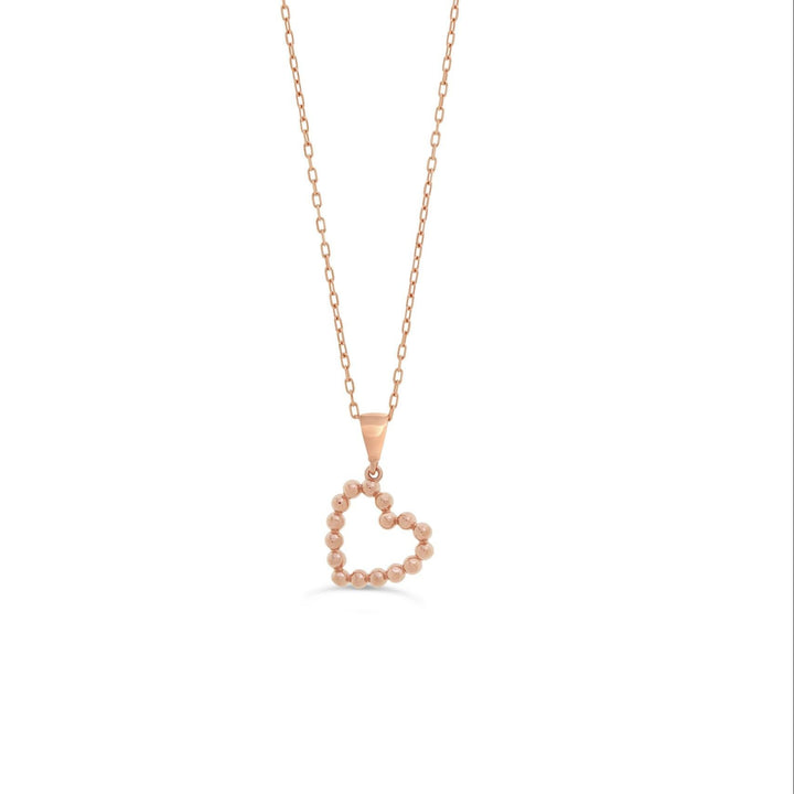 10K rose gold necklace with an open heart made of polished beads