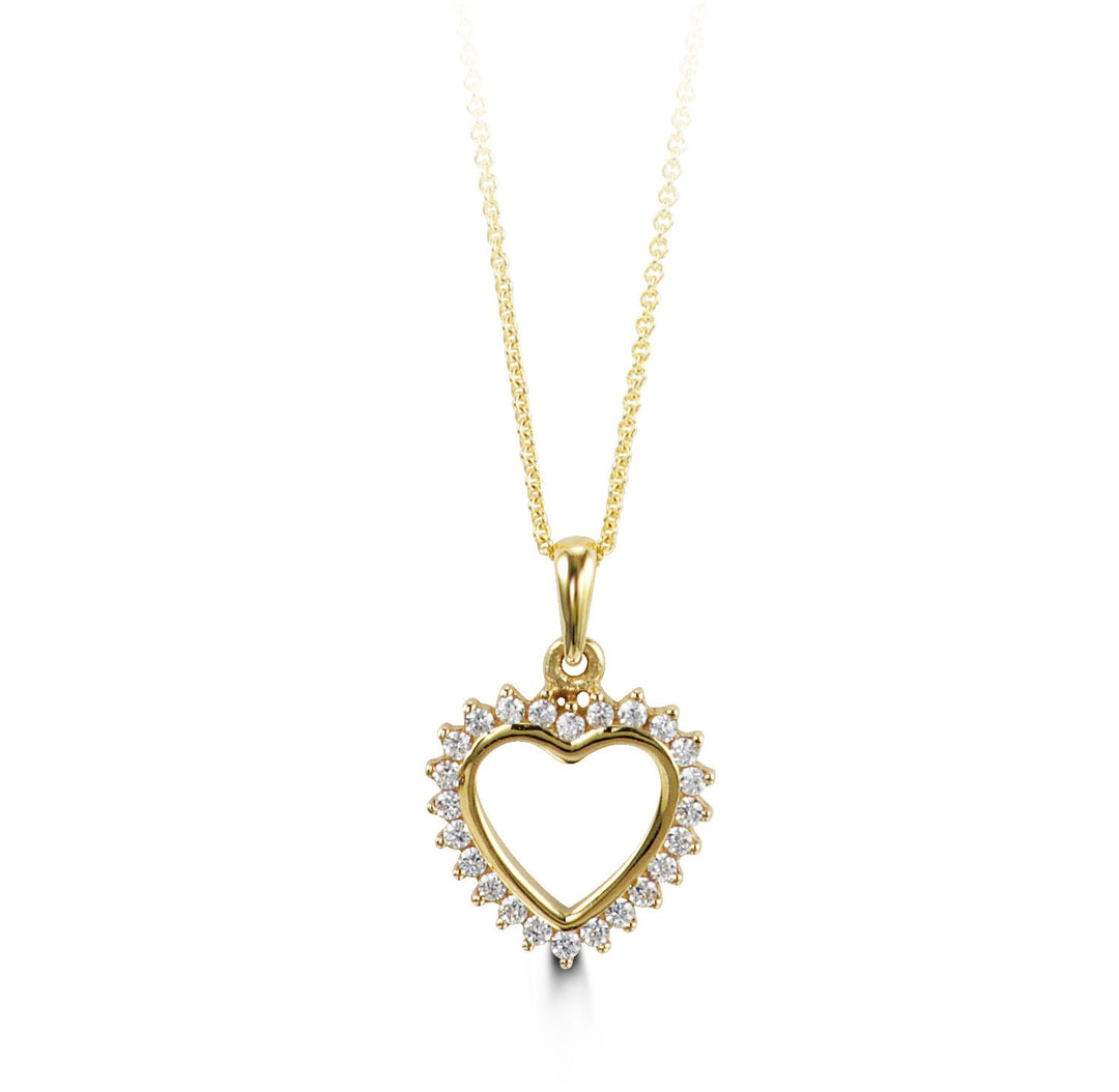 10K yellow gold open heart pendant with a cubic zirconia halo, on its chain