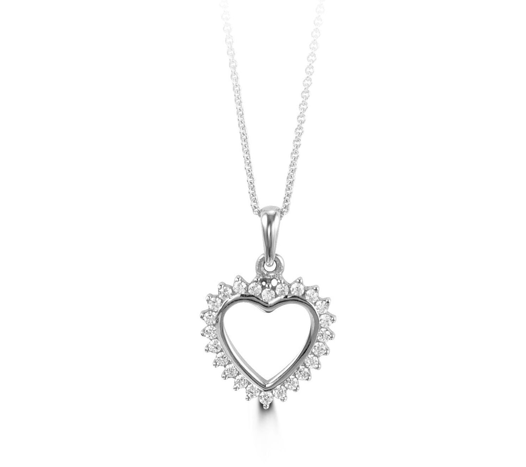 10K white gold open heart pendant with a cubic zirconia halo, on its chain