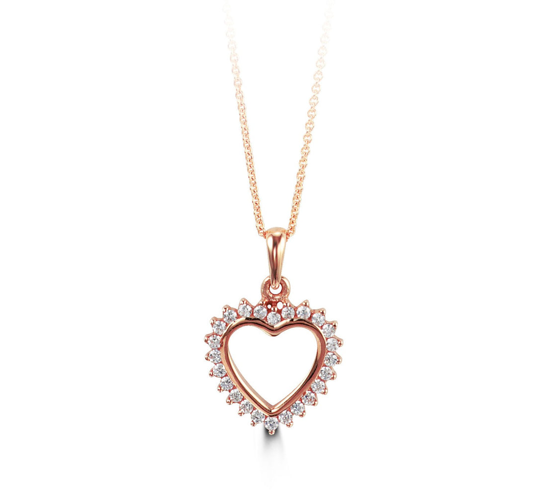 10K rose gold open heart pendant with a cubic zirconia halo, on its chain