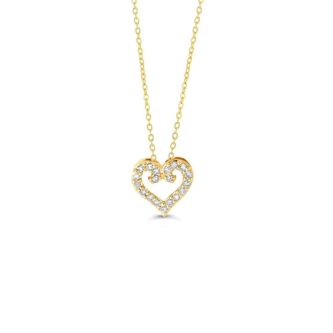 10K yellow gold open heart pendant with natural diamonds, on its cable chain
