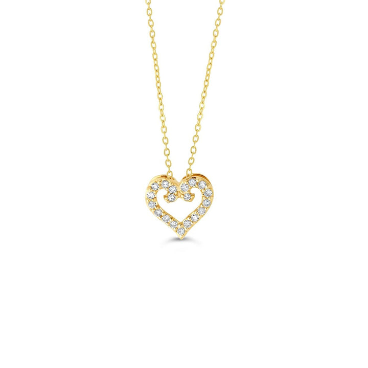 10K yellow gold open heart pendant with natural diamonds, on its cable chain