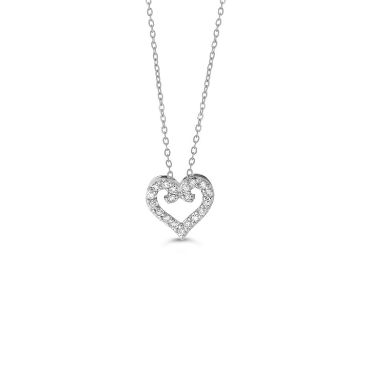 10K white gold open heart pendant with natural diamonds, on its cable chain