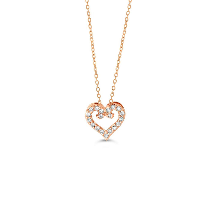 10K rose gold open heart pendant with natural diamonds, on its cable chain