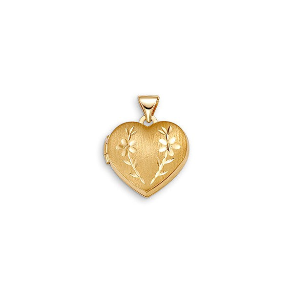 10K yellow gold heart locket with satin finish and diamond-cut floral engraving