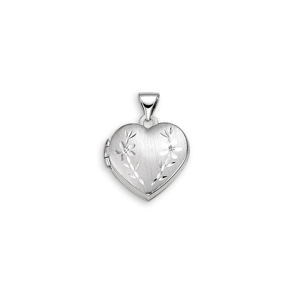 10K white gold heart locket with satin finish and diamond-cut floral engraving
