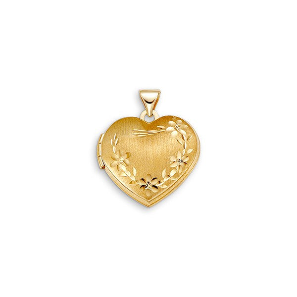 10K yellow gold heart locket with satin finish and diamond-cut leaf and flower engraving
