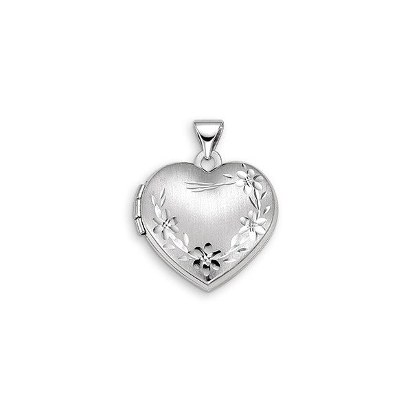 10K white gold heart locket with satin finish and diamond-cut leaf and flower engraving