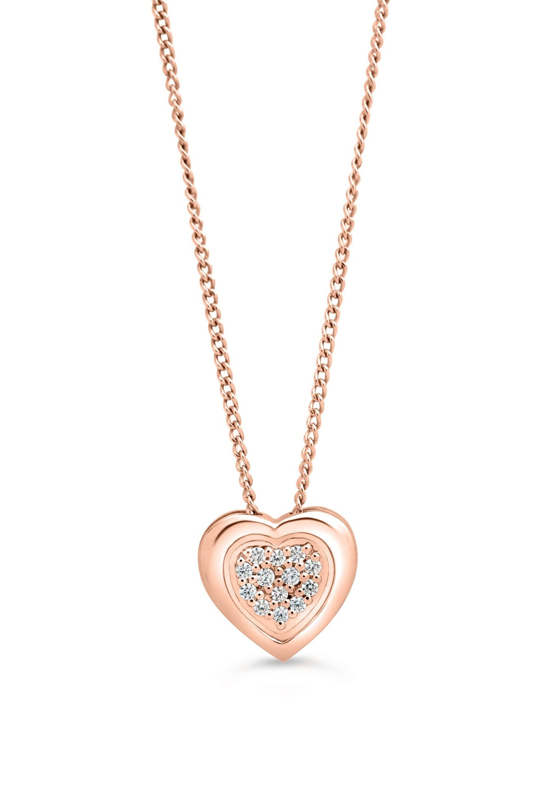 10K rose gold heart pendant with pavé-set natural diamonds, on its chain