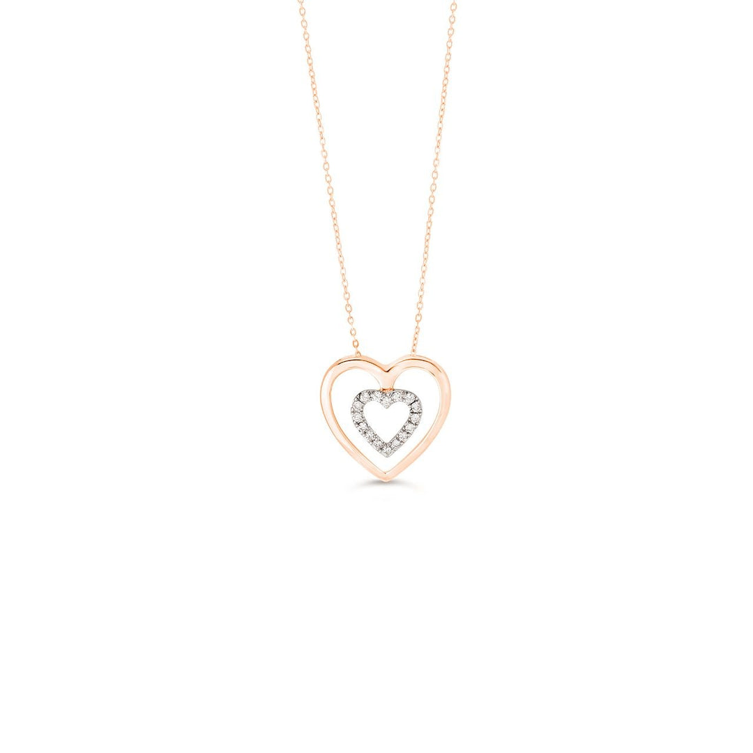 10K rose gold double heart pendant with an inner heart of natural diamonds, on its cable chain