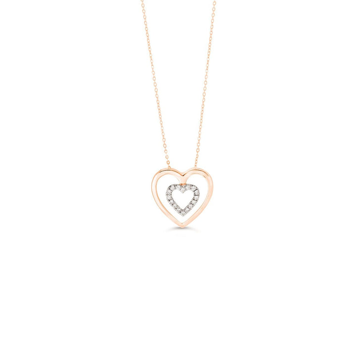 10K rose gold double heart pendant with an inner heart of natural diamonds, on its cable chain