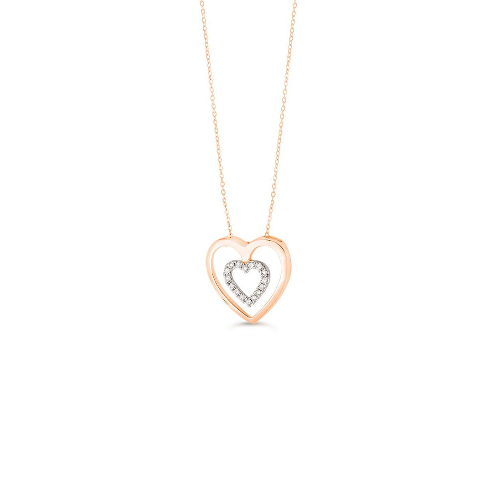 10K rose gold double heart diamond pendant on its cable chain, second view