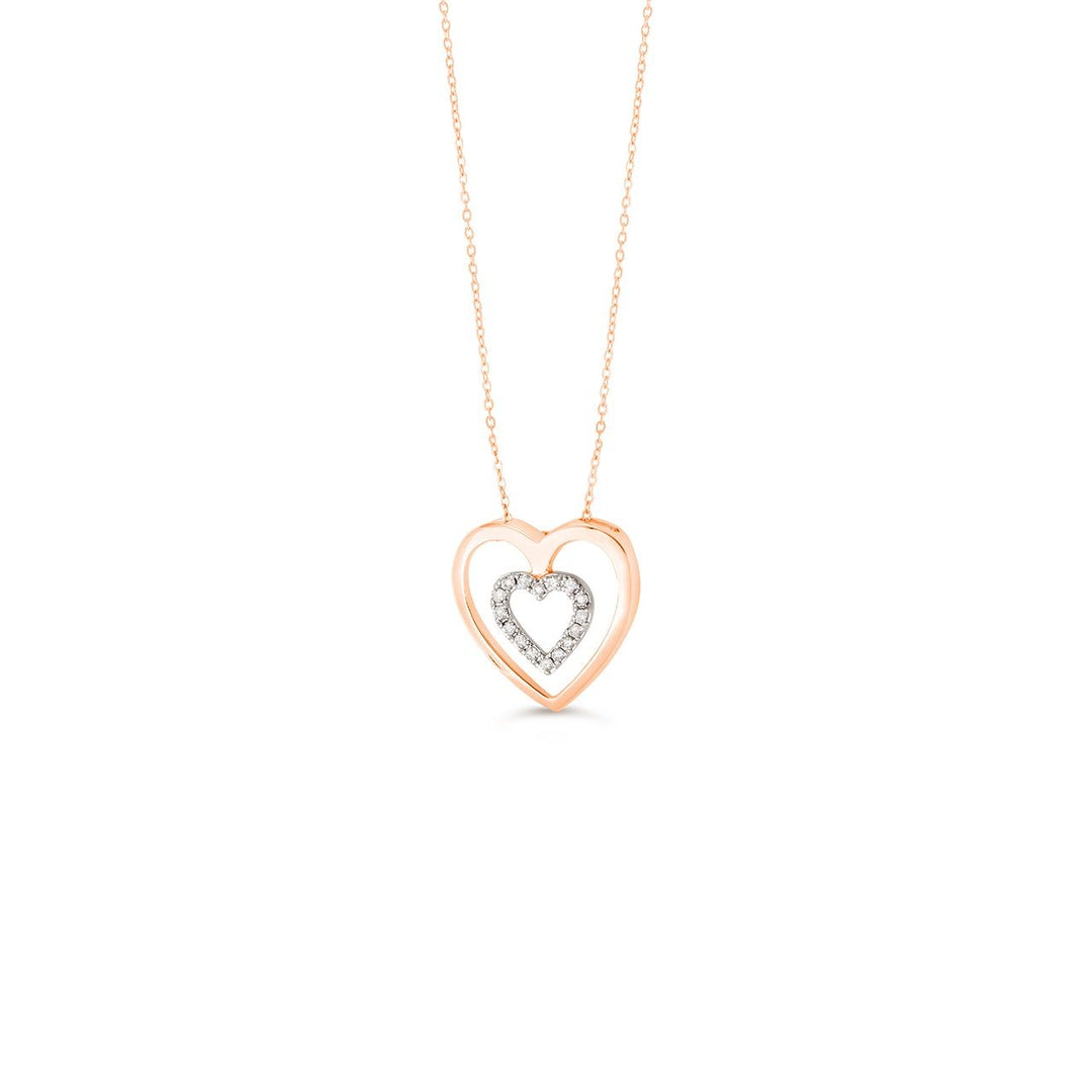 10K rose gold double heart diamond pendant on its cable chain, second view